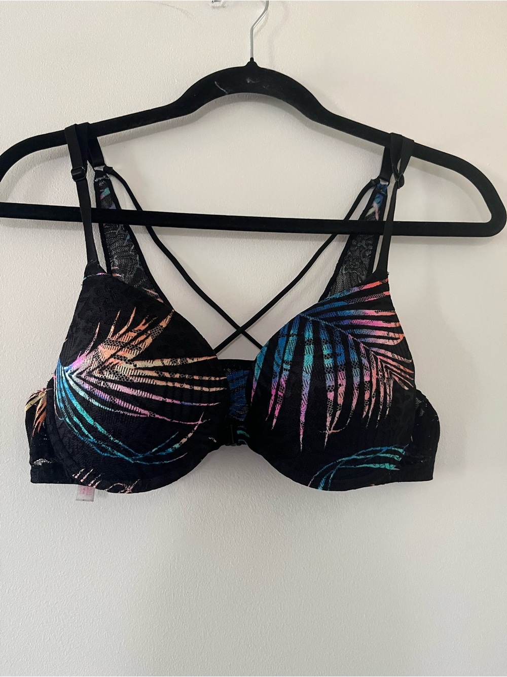 PINK Victoria's Secret Black Tropical Palm Tree Push Up Bra 36B